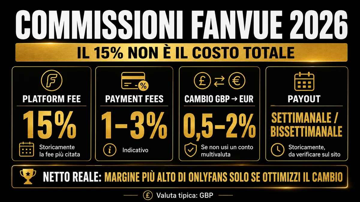 Commissioni Fanvue 2026: platform fee 15%, payment fees, cambio GBP-EUR e payout settimanale.