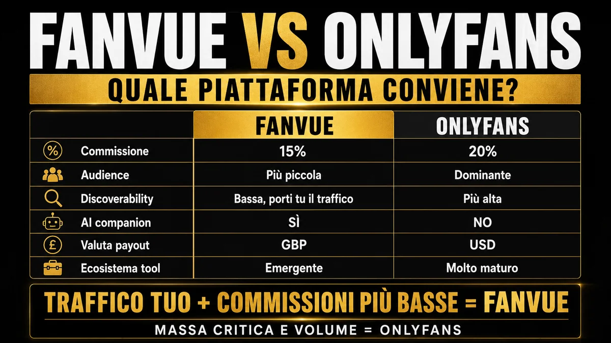 Fanvue vs OnlyFans: commissioni, audience, discoverability, AI companion, valuta e ecosistema a confronto.