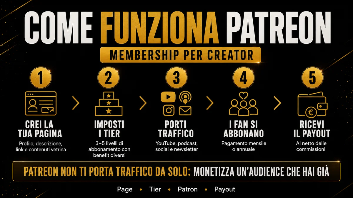 Come funziona Patreon: pagina, tier, traffico, abbonamenti e payout.