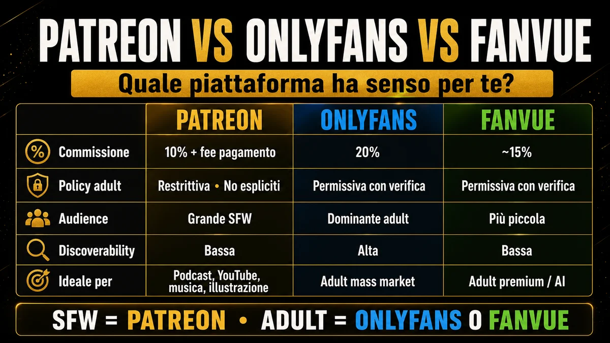 Patreon vs OnlyFans vs Fanvue: commissioni, policy adult, audience e nicchia ideale a confronto.