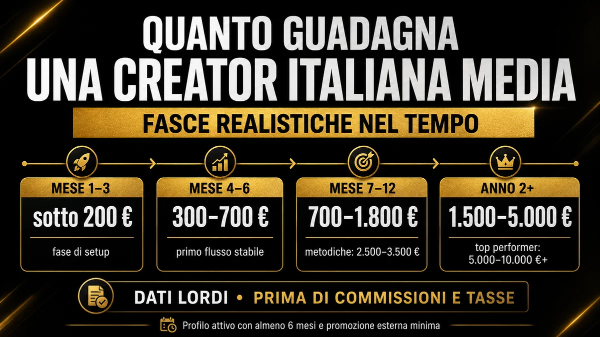 Quanto guadagna una creator italiana media: fasce realistiche dal mese 1-3 all'anno 2+.