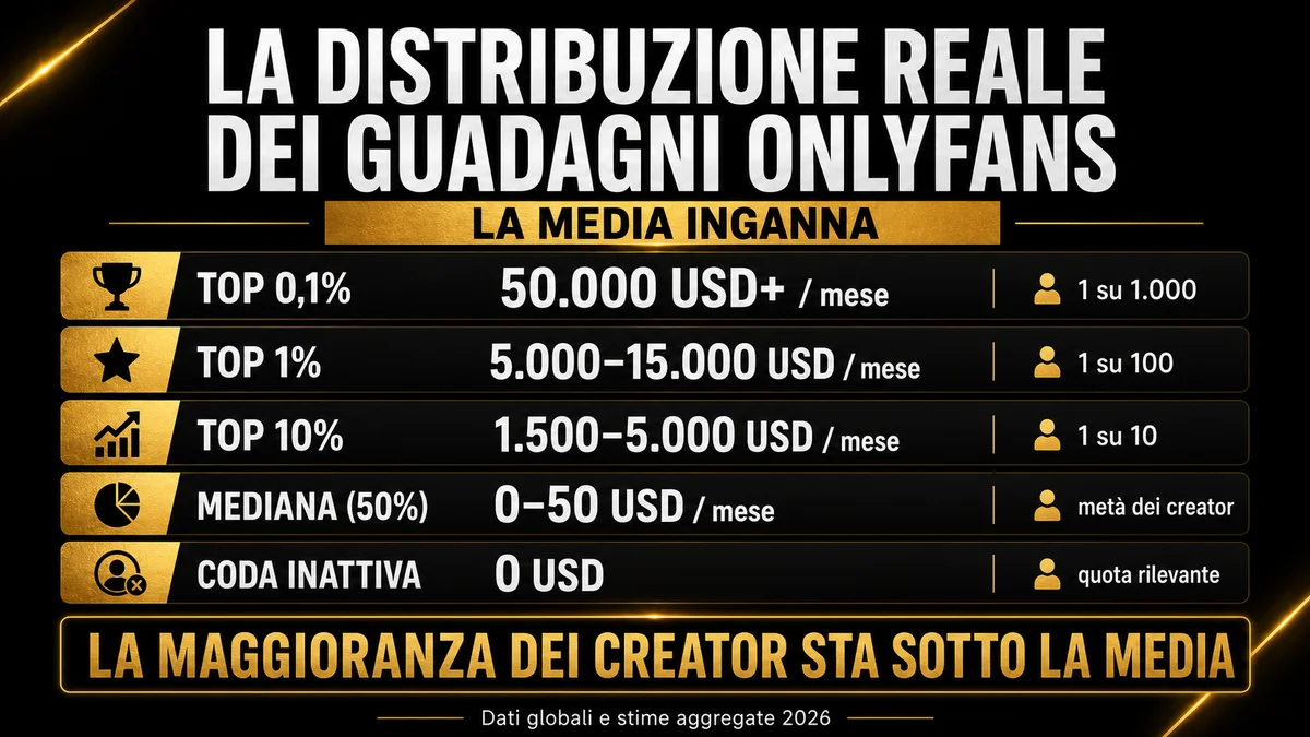 Distribuzione reale dei guadagni OnlyFans: top 0,1%, top 1%, top 10%, mediana e coda inattiva.
